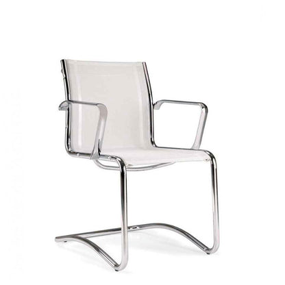 Sedia multiuso ICE V MStyle in rete bianca con slitta in acciaio cromato e braccioli in alluminio